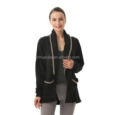 China Anti-Shrink Women Fashion Feather Yarn Turn-down Collar Cardigan Plain Knit Winter Casual Cardigan for sale