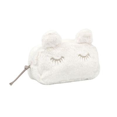 China Bunny Cat Ears White Plush Fuzzy Lash Cosmetic Bag Organizer With Eyelash Zipper Custom Cute Recycled / Eco-Friendly Private Label for sale