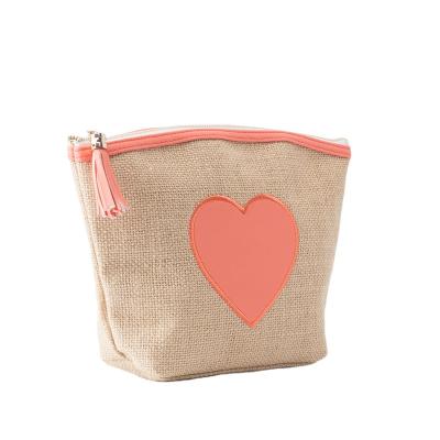 China Custom Zipper Cosmetic Makeup Bag Private Label Reused And Eco-friendly Logo Jute Canvas Patch Heart With Tassels for sale