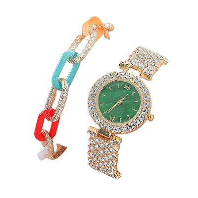 China Popular Fashion Full Diamond Contemporary Watch Luxury Quartz Watch + Color Outlined Strap 2 Piece Gift Set for sale