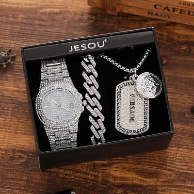 China Hip Hop Chronograph Set Trend Fashion Full Diamond Steel Band Quartz Watch Bracelet + Necklace Luxury 3pcs/set Set for sale