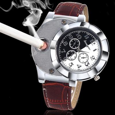 China Chronograph Electronic Cigarette Lighter With USB Rechargeable Lighter Belt Quartz Multifunction Watch Three Eyes Observe for sale