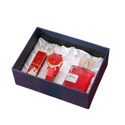 China Gift automotive women sweet and watch + lipstick + perfume + earrings set exquisite generous temperament quartz watch (4pcs/set) for sale