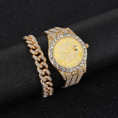 China Hip Hop 2PCS Steampunk Stopwatch Bling Bling AAA+ Face Watch+Bracelet Iced Out Alloy Rhinestones Thorns Cuban Link Chains For Mens Jewelry for sale