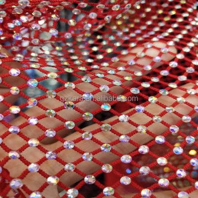 China Fish net with stones colors mesh fabric hot sale customized elastic rhinestone crystal mesh for clothing shoes for sale