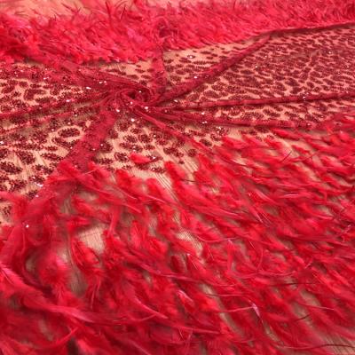 China New Arrival Viable African Embroidery Clothing Material African Lace Fabric Beaded Lace Fabric Red Bridal Dress for sale