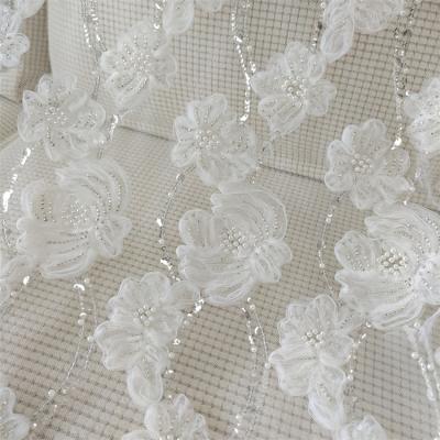 China 2022 Wedding Luxury Beaded Sequin Fabric Viable 3D Sewing Flowers In Ivory Wholesale for sale