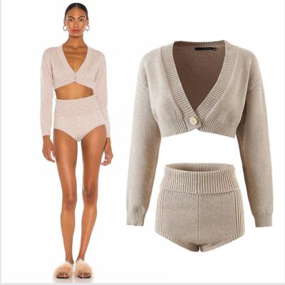 China Breathable European and American knitted high waist cardigan shorts long two-piece V-neck sleeve sweater suit pants for sale