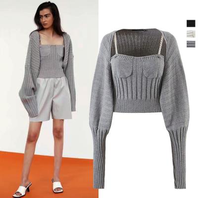 China Autumn Loose Sweater Cardigan Sustainable Set Two Piece Bra Strap Bat Sleeve Knit Coat for sale