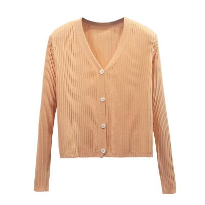 China thin Anti-wrinkle spring knit sheer stripe color short women's blouse summer stretch ice silk blouse for sale