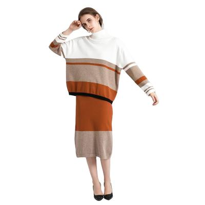 China Vintage 2021 Fall Fashion Women's Sweater Set Striped Turtle Neck Knit Pullover Top + Knit Half Skirt Set for sale