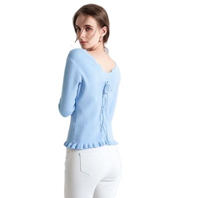 China Autumn new long and wooden blue V-neck sweater soft sleeve pullover drawstring design soft sweater for sale