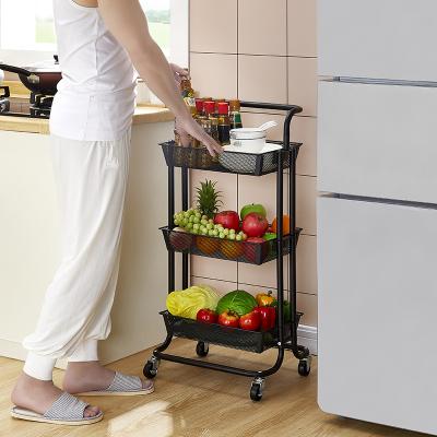 China Modern Multifunctional Revolving Home Kitchen Spices Dish Metal Foldable 3-Tier Storage Racks Cart Shelf With Wheels for sale