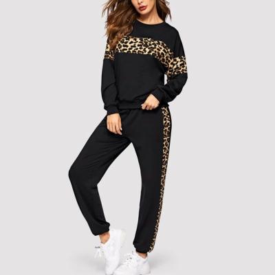 China Breathable Cheap Price Customized Tracksuits Private Label Fashion Sweatsuit Outfits Women Leopard Panel Two Piece Set for sale