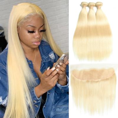 China Free Sample Silky Straight Blue Tape 613 Mink Brazilian Virgin Blonde 100% Virgin Human Hair Bundles With Lace Front Closure for sale