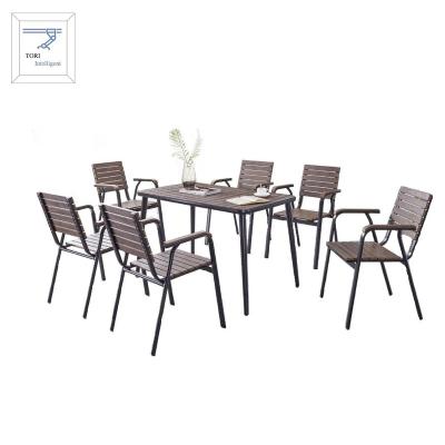 China 7pcs Modern Plastic Wood Patio Chair And Table Set Wooden Aluminum And Plastic Materials Durable Outdoor Furniture Set for sale