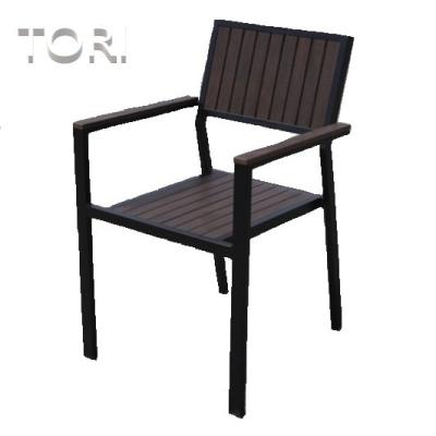 China Cafe / Burlywood Plastic Wood Color Pattern Durable Aluminum Grain Frame Seat Patio Chairs for sale