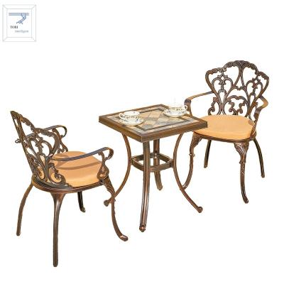 China French Furniture Set 3pcs Chair And Table Outdoor Dining Set Cast Aluminum Chair And Tile Top Table With Aluminum Frame Romantic Syt for sale