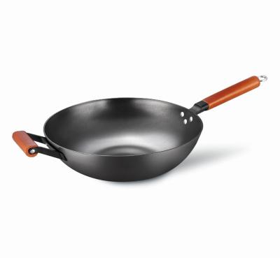 China Non Viable Traditional Chinese Pre-Seasoned Stick Cast Iron Wok With Double Wooden Handle General Use For Gas Or Induction for sale