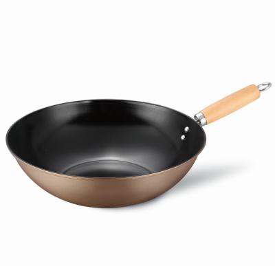 China 32cm Durable Carbon Steel Black Non-Stick Wok Pan with Wooden Handle Chinese Deep Saute Cooker for sale