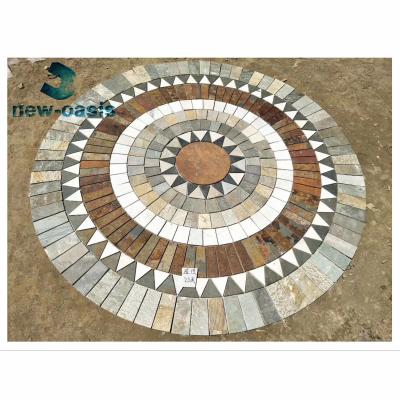 China round shape Multi-color slate net paste floor tiles for garden yard paving cultural stone paving with mesh culture stone for sale