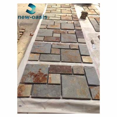 China Mix color cultural stone dark grey rusty yellow slate culture stone with net/mesh support Multi-color slate with net paste tiles for sale