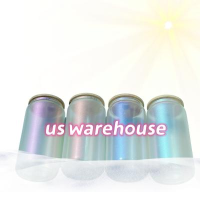 China Hot Sale USA Warehouse 16oz White Sublimation Stocked Iridescent Drinking Glasses Soda Can Beer Glass Rainbow Glitter Shaped Mugs for sale