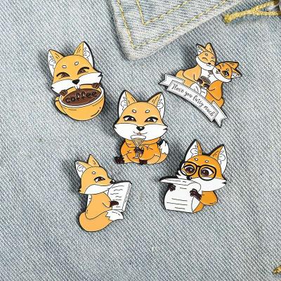 China Europe fox drinks coffee and reads a book enamel brooch clothing bag accessories enamel lapel pins for sale