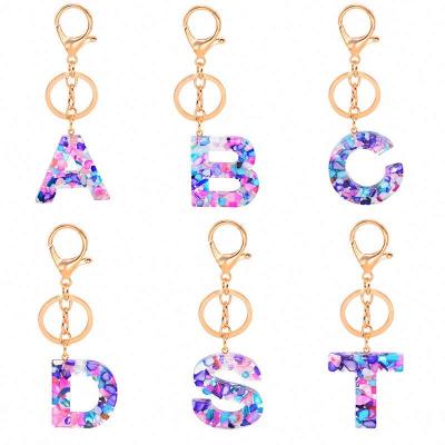 China 26 Letters Women's Initial Key Chain Gold Resin and Metal 2021 Car Ring Keychain Colorful Real Stone Handmade Silver Resin Alphabet for sale