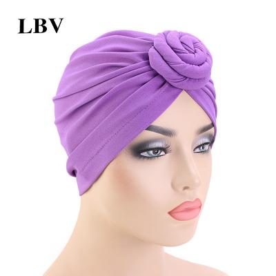 China Decorate LBV High Quality Women Knotted Turban Solid Twisty Chemo Cap Cotton Beanie Women Cotton Top Knot Plain Turban Hat for sale