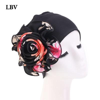 China Decorate New LBV Fashion Designer King Size Flower Stretchy Girls Party Hats Hair Turban Hat Women Cowls Hat for sale