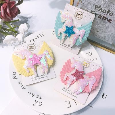 China Decorate LBV Amazon Unicorn Five Heart Wings Hairpin kids sparkle sequin cartoon edge clip baby hair accessories for sale