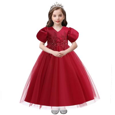 China Puff Sleeves Puff Sleeves Little Princess Dress Skirt V-Neck Host Wedding New Children's Mesh Performance Catwalk Girl Long Sleeves Skirt for sale