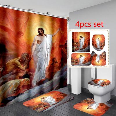 China Durable Jesus Shower Curtain Waterproof Bathroom 3D Printing Bath Mat Set Toilet Rugs Carpet Anti-Slip Home Decor for sale