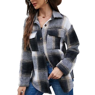 China 2022 Winter Spring Women Anti-pilling Plaid Long Sleeve Button Long Casual Coat Windproof Down Shirt Women Casual Shirt for sale