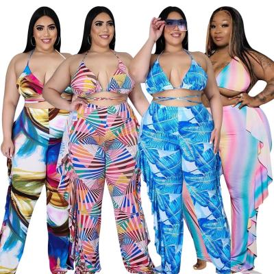 China Breathable Sexy Hollow Out Bikini Ruffle Printed Large Size Plus Wide Leg Pants Swimwear And Beachwear 2 Piece Set for sale