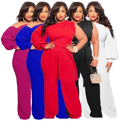 China Plus Size Viable Jumpsuits For Women Long Sleeve One Shoulder Zipper Belted Stretch Long Jumpsuit Romper L-4XL for sale