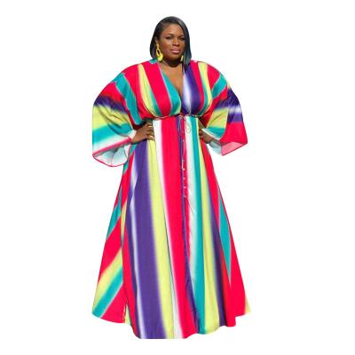 China Plus Size Women Clothing Rainbow Stripe Breathable Dress Loose Sheaths Long Dress Loose Dress Smart Casual Gear for sale