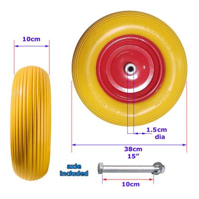 China Hotels 11 Year HOT SALE PU Foam Wheelbarrow Tire Puncture Proof Rubber Axle Rim Yellow Spare Tire 16