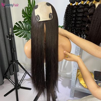 China European Virgin Hair Hd Hair Toppers Cuticle Aligned Cuticle Aligned Hair Natural Color Straight Pre Plucked French Lace Base Silk Womens Topper With Clips for sale