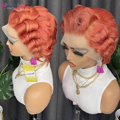 China Body Wave Pink 13x4 Pixie Curls Wig Pre Plucked With Baby Hair, Brazilian Short Pixie Wig, Glueless Lace Frontal Pixie Cut Human Hair Wigs for sale