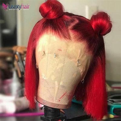 China Transparent Lace Front Wigs 13X4 Bob Cut Lace Frontal Wigs Bob Wig Brazilian Human Hair HD Short Body Wave 99J Burgundy Red Color for sale