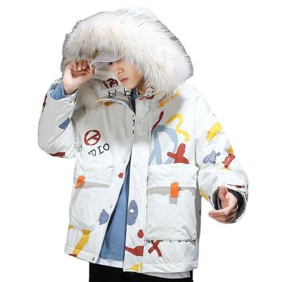 China Reversible Fashion brand big fur collar white duck down jacket men print couple short down jacket for sale