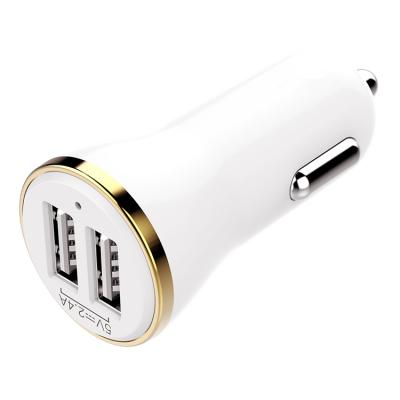 China OEM 2.4A Fast Charging Portable Mobile Phone Fast Charging White Gold Plated Dual USB 5V 2.4A Output 2 Port Car Charger for sale