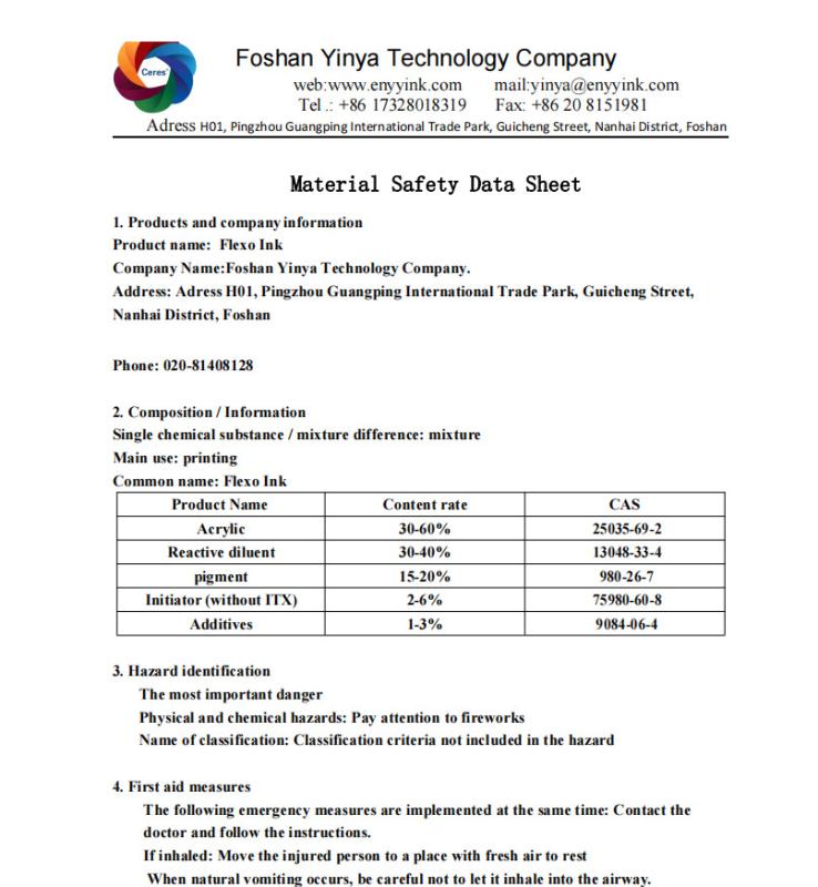 Uv flexo ink Msds - Guangzhou Print Area Technology Co.Ltd