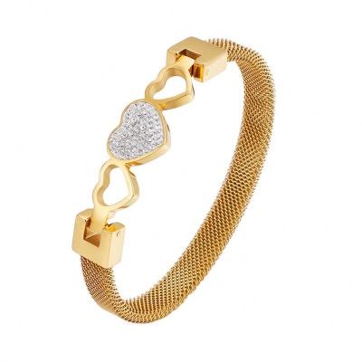 China Wholesale Gold TRENDY Mesh Heart Diamond Fashion Stainless Steel Bangle Bracelet For Women Jewelry Gift for sale