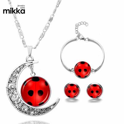 China FASHIONABLE Cute Animal Dangle Heart Shape Cartoon Ladybug Necklace Red Rhinestone SY Letter Dangle Girl Present Earrings Jewelry Chain Set for sale