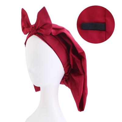 China Wholesale Picture Shower Hat Waterproof Bathing Hood Long With Tie Pink Satin Hair Bonnet Women Designer for sale