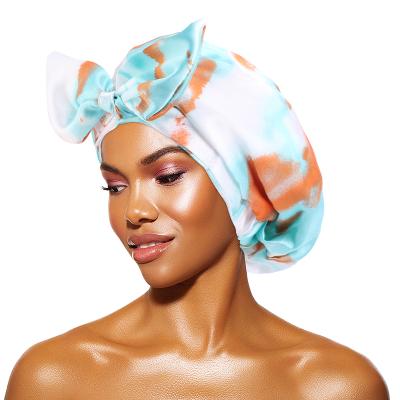 China Picture Printing Luxury Satin Shower Cap With Bow PE Bath Water Proof Shower Caps For Women With Tie for sale