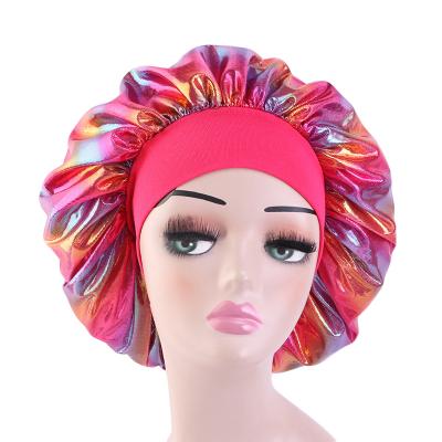 China Large Size Image Elastic Band Satin Cowl Laser Color Sleep Cap Women Hoods Turban Hat for sale